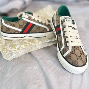 Gucci Brown GG Canvas Sneakers with Green & Red Web